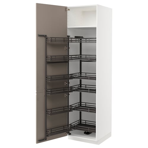 METOD ארון גבוה עם מזווה נשלף, לבן/Upplöv בז' כהה מט, 60x60x220 ס"מ