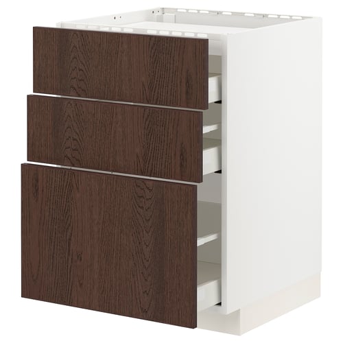 METOD / MAXIMERA ארון תחתון לכיריים/3חזיתות/3מגירות, לבן/Sinarp חום, 60x60 ס"מ