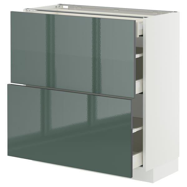 METOD / MAXIMERA ארון תחתון+2 חזיתות/3 מגירות, לבן/Kallarp אפור כהה-ירוק מבריק, 80x37 ס"מ