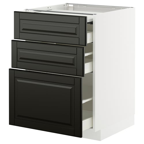 METOD / MAXIMERA ארון תחתון+משטח עבודה נשלף/3 מגירות, לבן/Bodbyn שחור, 60x60 ס"מ