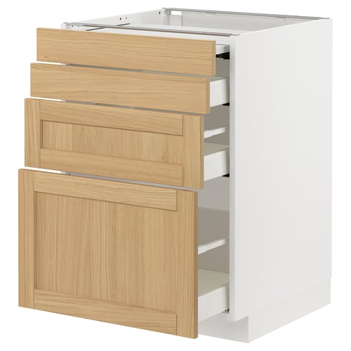 METOD / MAXIMERA ארון תחתון+משטח עבודה נשלף/3 מגירות, לבן/Forsbacka אלון, 60x60 ס"מ