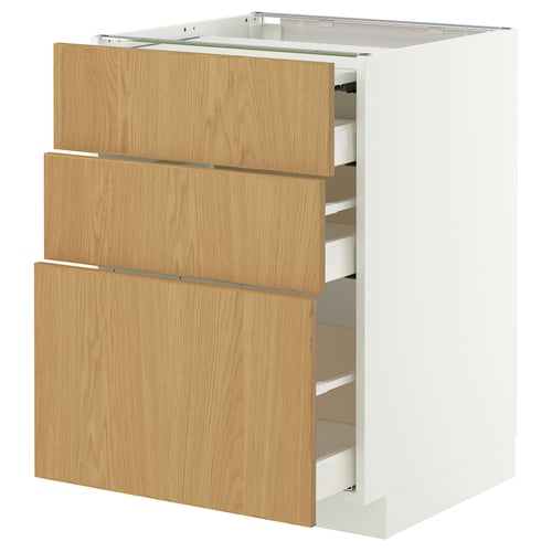 METOD / MAXIMERA ארון תחתון+משטח עבודה נשלף/3 מגירות, לבן/Sinarp פורניר אלון, 60x60 ס"מ