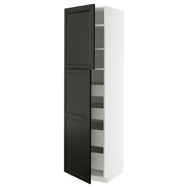 METOD / MAXIMERA ארון גבוה עם 2 דלתות/4 מגירות, לבן/Bodbyn שחור, 60x60x220 ס"מ
