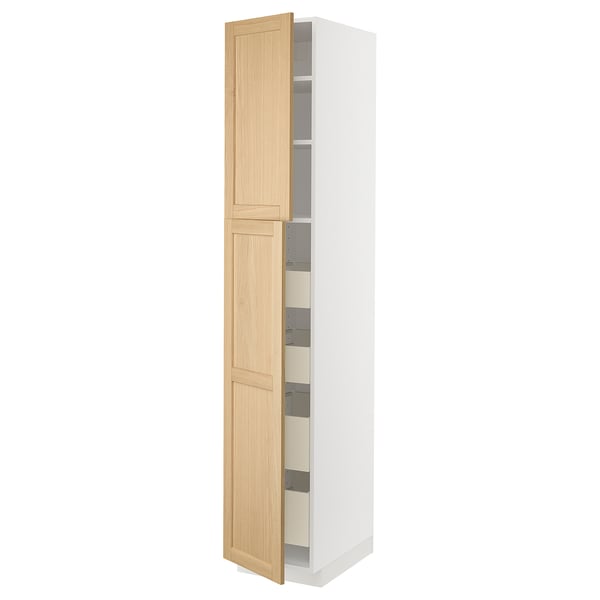 METOD / MAXIMERA ארון גבוה עם 2 דלתות/4 מגירות, לבן/Forsbacka אלון, 40x60x220 ס"מ