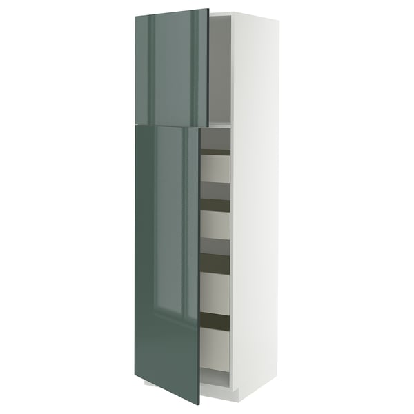 METOD / MAXIMERA ארון גבוה עם 2 דלתות/4 מגירות, לבן/Kallarp אפור כהה-ירוק מבריק, 60x60x200 ס"מ