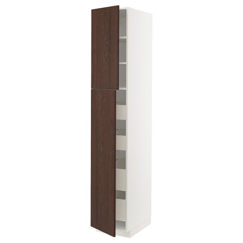 METOD / MAXIMERA ארון גבוה עם 2 דלתות/4 מגירות, לבן/Sinarp חום, 40x60x220 ס"מ