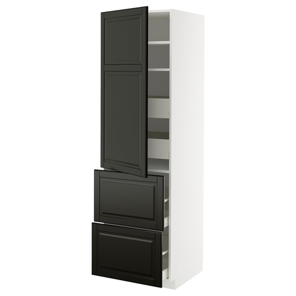 METOD / MAXIMERA ארון גבוה+מדפים/4מגירות/דלת/2חזיתות, לבן/Bodbyn שחור, 60x60x200 ס"מ