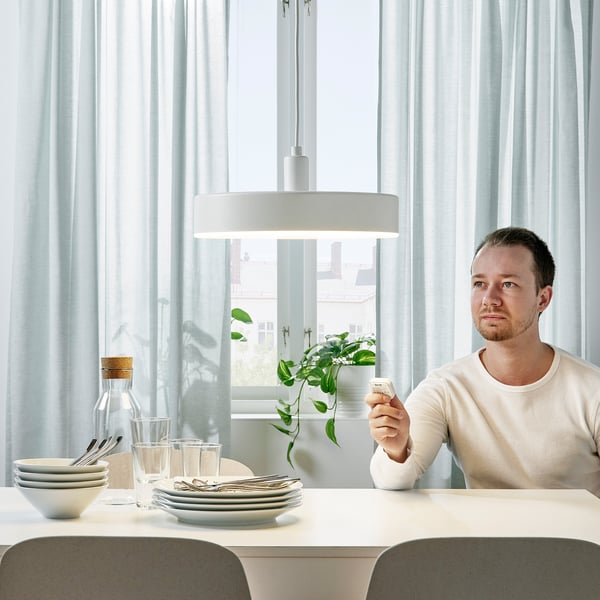 NYMÅNE מנורת תלייה LED, ניתן לעמעם, אלחוטי 3 גווני לבן/לבן, 38 ס"מ