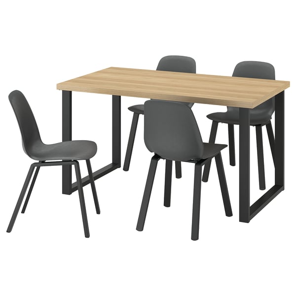 SKÅLSTA שולחן+4 כיסאות, גוון אלון צורת U שחור-אפור/פלסטיק שחור מלבני מטאלי/שחור-אפור, 140x80 ס"מ
