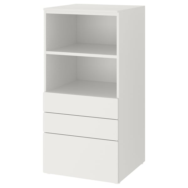 SMÅSTAD / PLATSA ארון ספרים, לבן לבן/עם 3 מגירות, 60x57x123 ס"מ