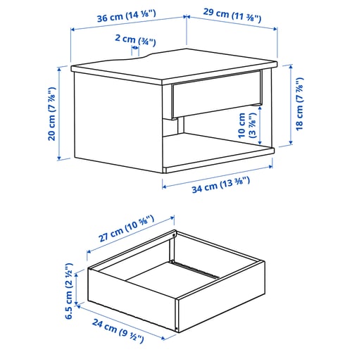 STOMSÖ שידת לילה לתלייה, גוון ליבנה לבן/כחול, 36x29x20 ס"מ