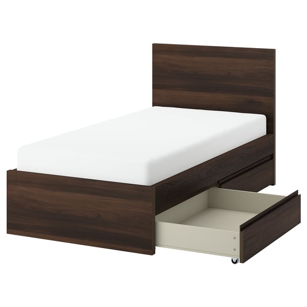 STORKLINTA מיטה עם 2 קופסאות אחסון, חום כהה גוון אלון/Lindbåden, 90x200 ס"מ