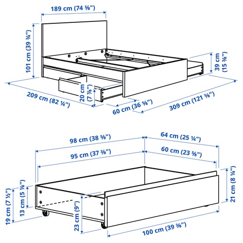 STORKLINTA מיטה עם 4 קופסאות אחסון, לבן, 180x200 ס"מ