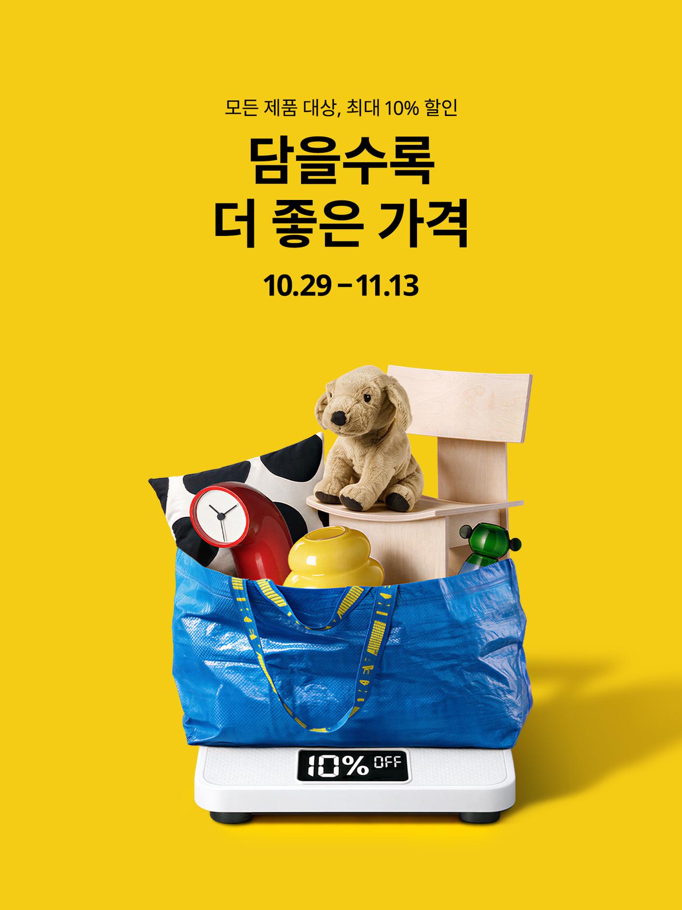 노란색 배경에 프락타 백이 저울 위에 올라가 있고, 다양한 제품들이 담겨 있다. 