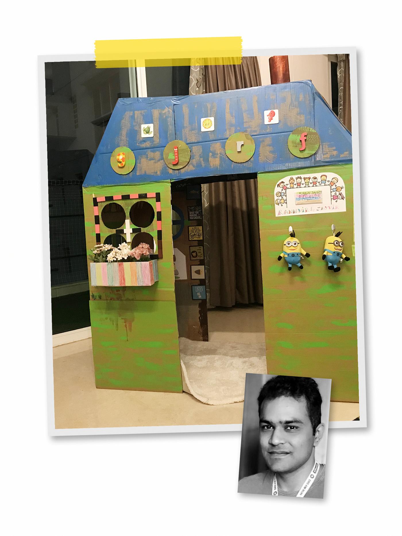 קולאז' של שתי תמונות: בית צעצוע מקרטון אשר נצבע בעבודת-יד עם שטיח ובובות צעצוע רכות, ותמונה של עובד איקאה.