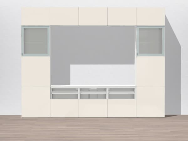 1 Besta Regal bildet ein Rechteck mit weißen Fronten und auf beiden Seiten eine Glas Front.