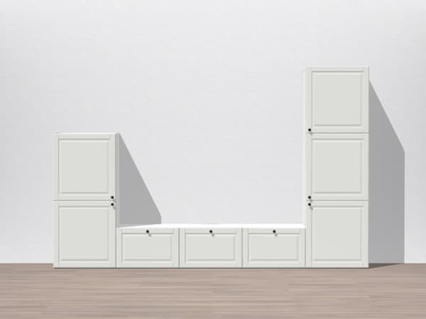 1 Besta Regal steht auf dem Boden mit weißen Fronten und auf der rechten und linken Seite gehen Regale in die Höhe.