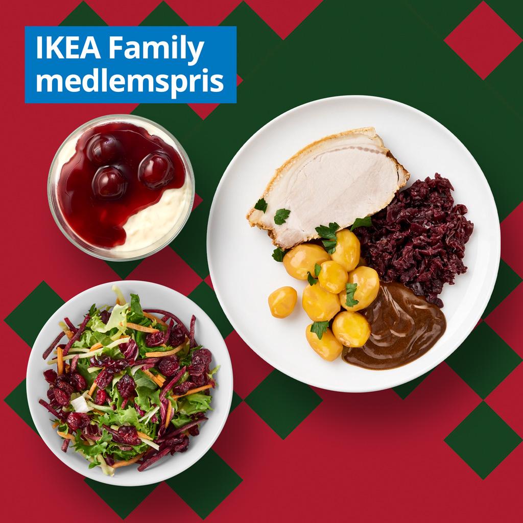 1 skive flæskesteg med brunede kartofler, rødkål og sovs, vintersalat med rodfrugter, kål og tranebær samt risalamande med kirsebærsauce. Serveres i perioden 7/10 – 30/12 2026. IKEA Family medlemspris: 109.- | Ikke-medlemspris: 126.-
