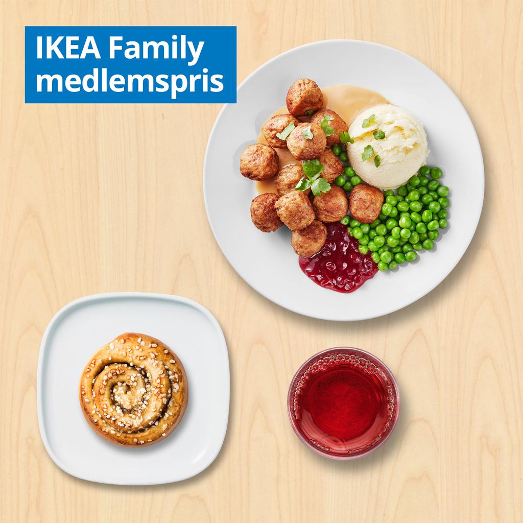 12 kødboller med kartoffelmos, ærter, flødesauce og tyttebærsyltetøj, kanelsnegl samt fri læskedrik. IKEA Family medlemspris: 69.- Ikke-medlemspris: 80.-
Gælder alle hverdage mellem kl. 11-16.
