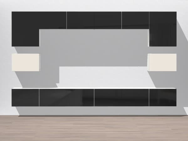 2 Besta Regale hängen an einer Wand das obere hat eine U Form und hat schwarze Fronten und das untere ist gerade und hat ebenfalls schwarze Fronten.
