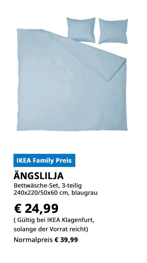  3-teiliges Bettwäsche-Swet Ängslilja, 240x220 / 50x60cm, blaugrau, statt € 39,99 zum IKEA Family Preis von €24,99.