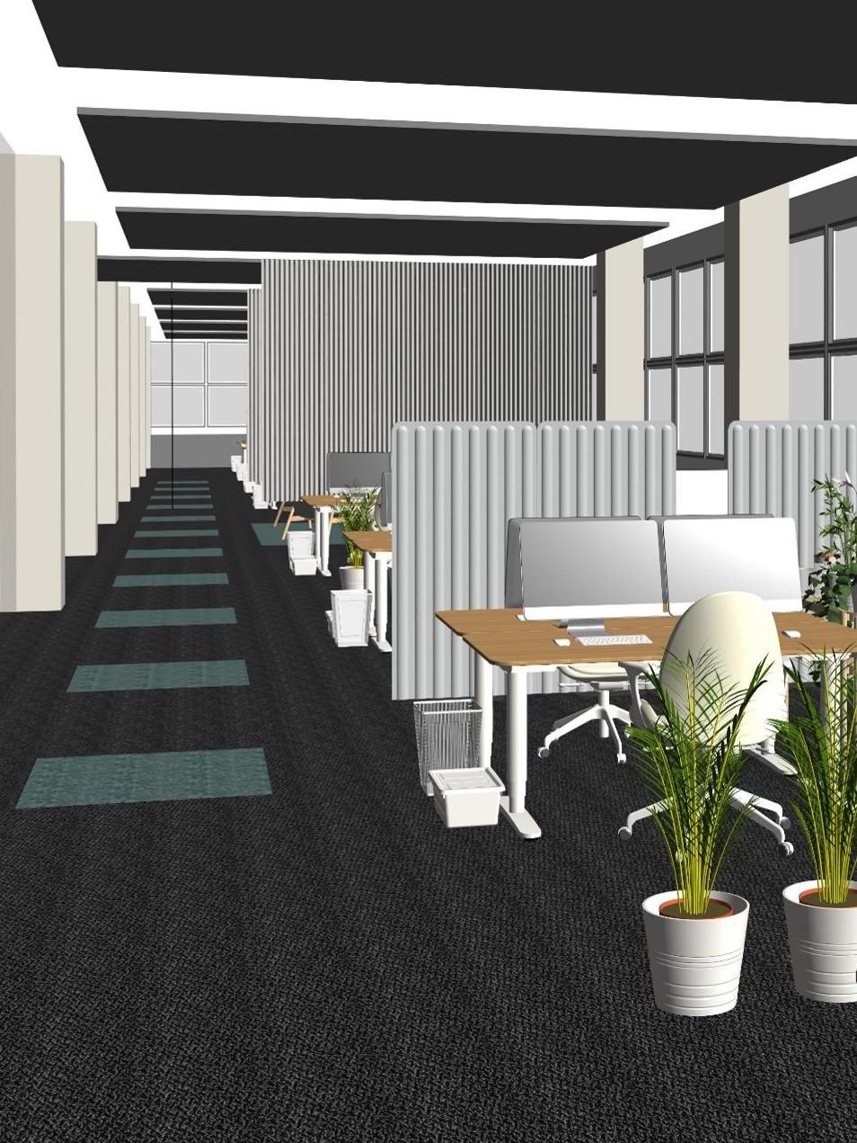 3D representation of an open-plan office with several rows of desks separated by plants and acoustic partitions. 
