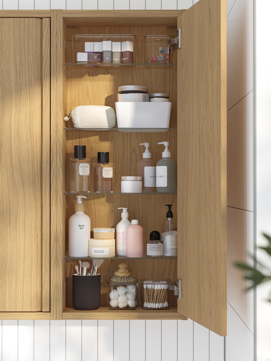A bathroom wall cabinet with bathroom products