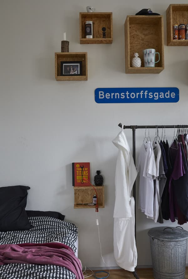 A bed, clothes rail and open storage.