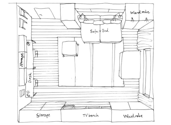 A black and white hand-drawn sketch showing the layout of a 24-hour living space.
