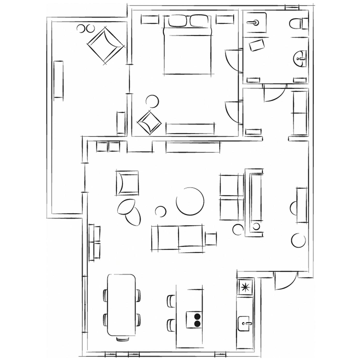 A black and white illustration of a floor plan of a one-bedroom apartment with a balcony, showing furniture placement.