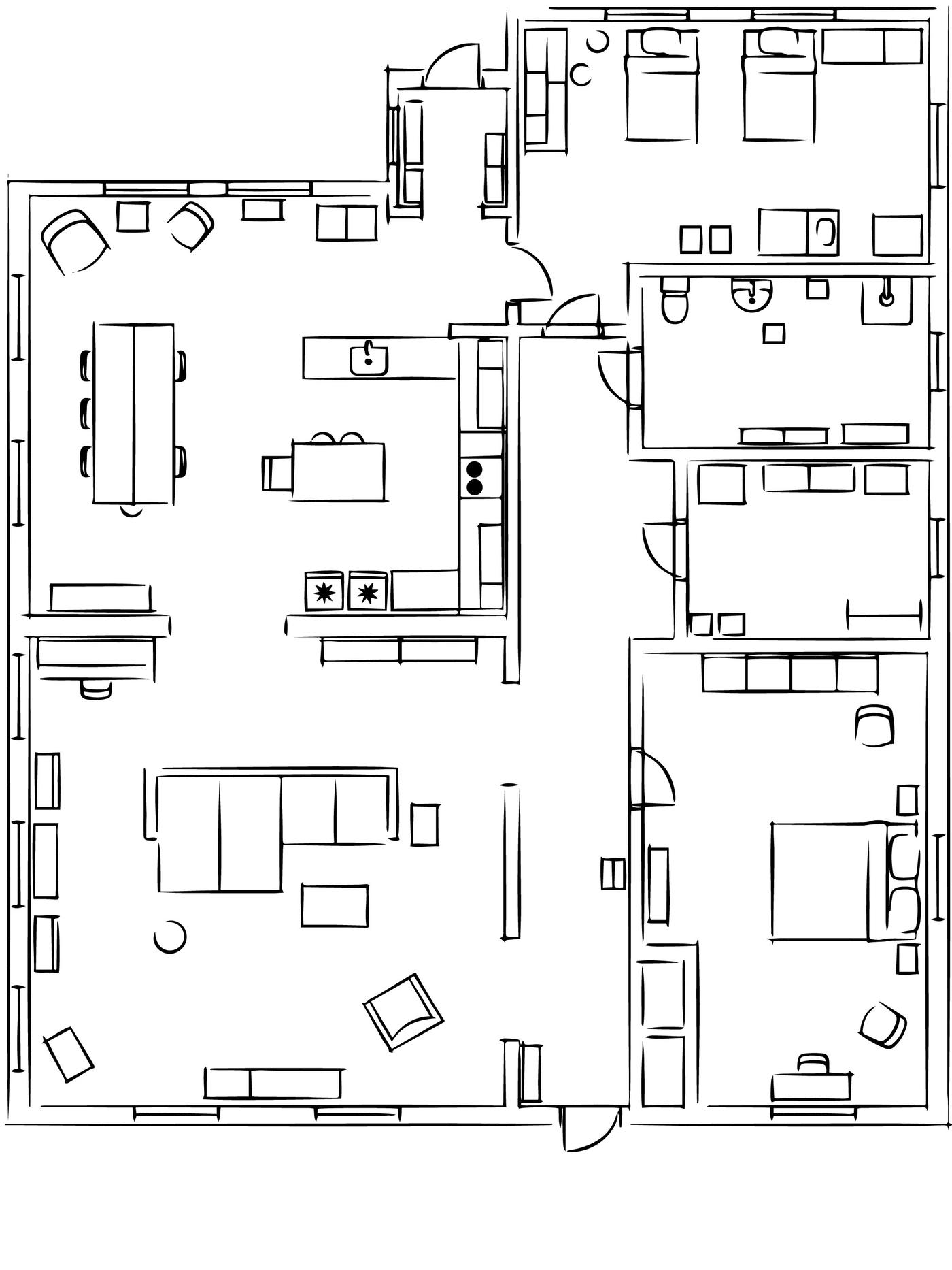 A black-and-white, schematic sketch of the layout of a home.