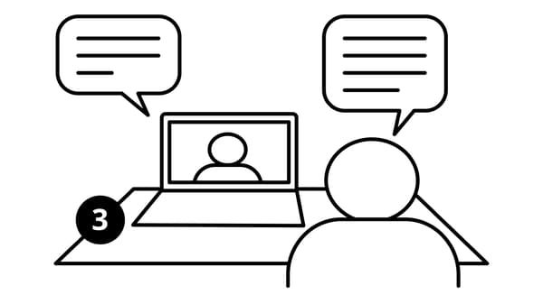 A black-and-white sketch of a video call between two people. The sketch is numbered three.