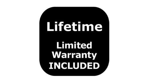 A black box with rounded corners with white text that says Lifetime- Lifetime warranty INCLUDED.