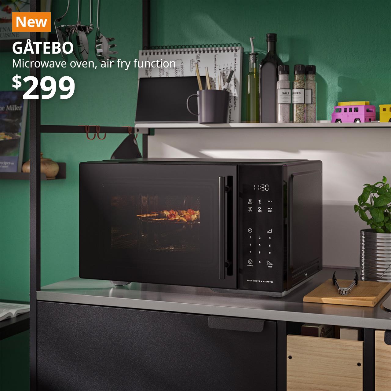 A black GÅTEBO microwave oven with air fry function in a kitchen setting. Top seller tag followed by white text over image on the left that reads "GÅTEBO, Microwave oven, air fry function." Price at $299.