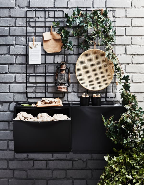 A black IKEA TRONES shoe cabinet is hung on a brick wall and used to grow mushrooms in an outdoor space.