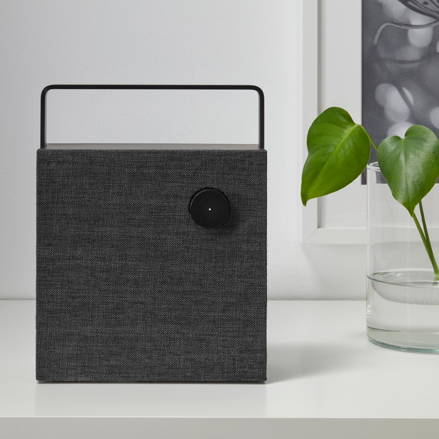 A black VAPPEBY speaker with plants and wall frame in the background.