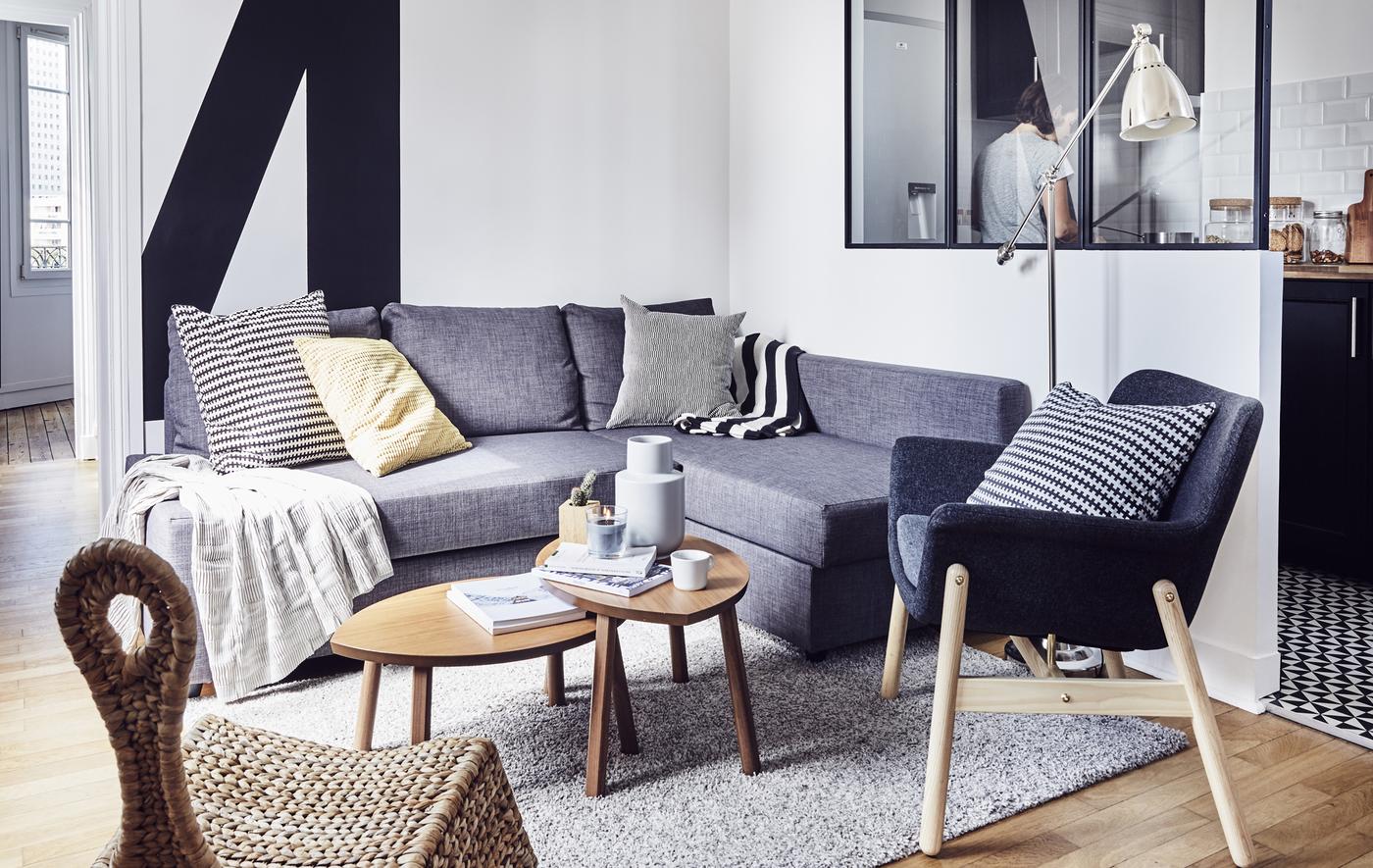 A black, white and grey minimal living space.