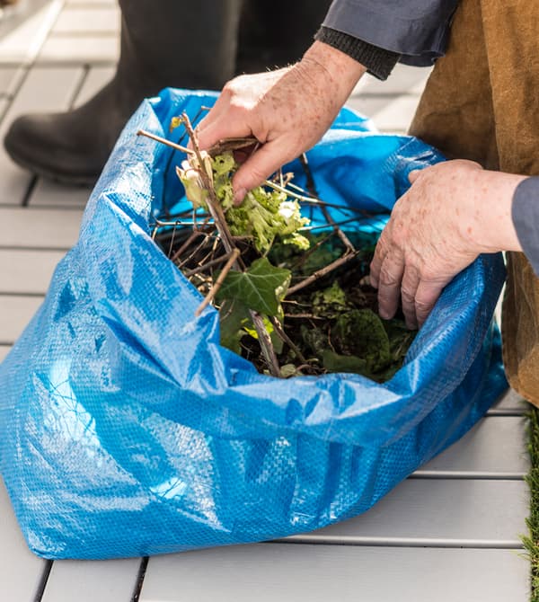 A blue plastic IKEA bag is filled with compost.