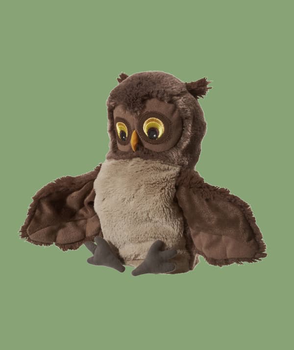 A brown owl soft toy against a green background.