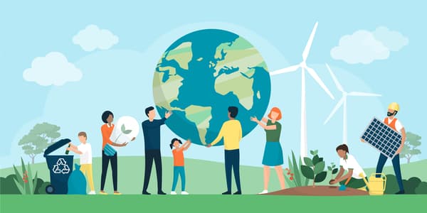 A cartoon image of people surrounding planet earth doing various sustainable actions including recycling and gardening.