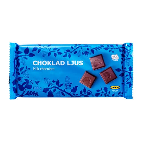 A CHOKLAD LJUS milk chocolate bar in a bright blue plastic wrapper.