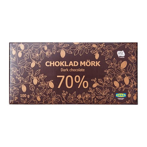 A CHOKLAD MÖRK 70% dark chocolate bar in a dark brown wrapper.