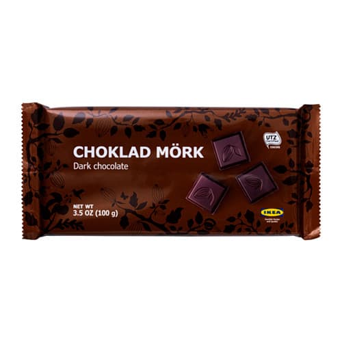 A CHOKLAD MÖRK dark chocolate bar in a dark brown plastic wrapper.