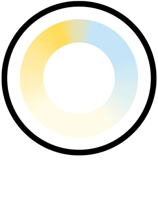 A circle with a white spectrum colour that represents the light temperature of a light bulb