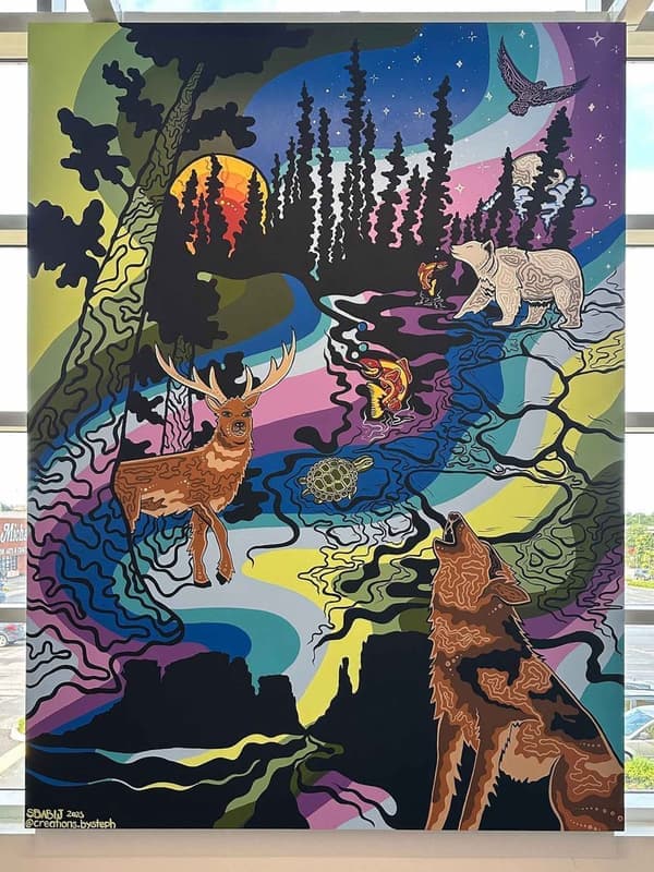 A close-up of a colorful mural. 