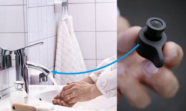 A closeup of the affordable black MISTELN water nozzle, which can be easily installed on all standard sink taps.