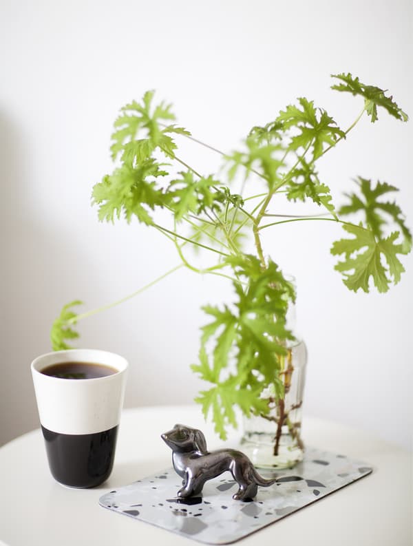 A coffee cup, branch and dog ornament displayed together.