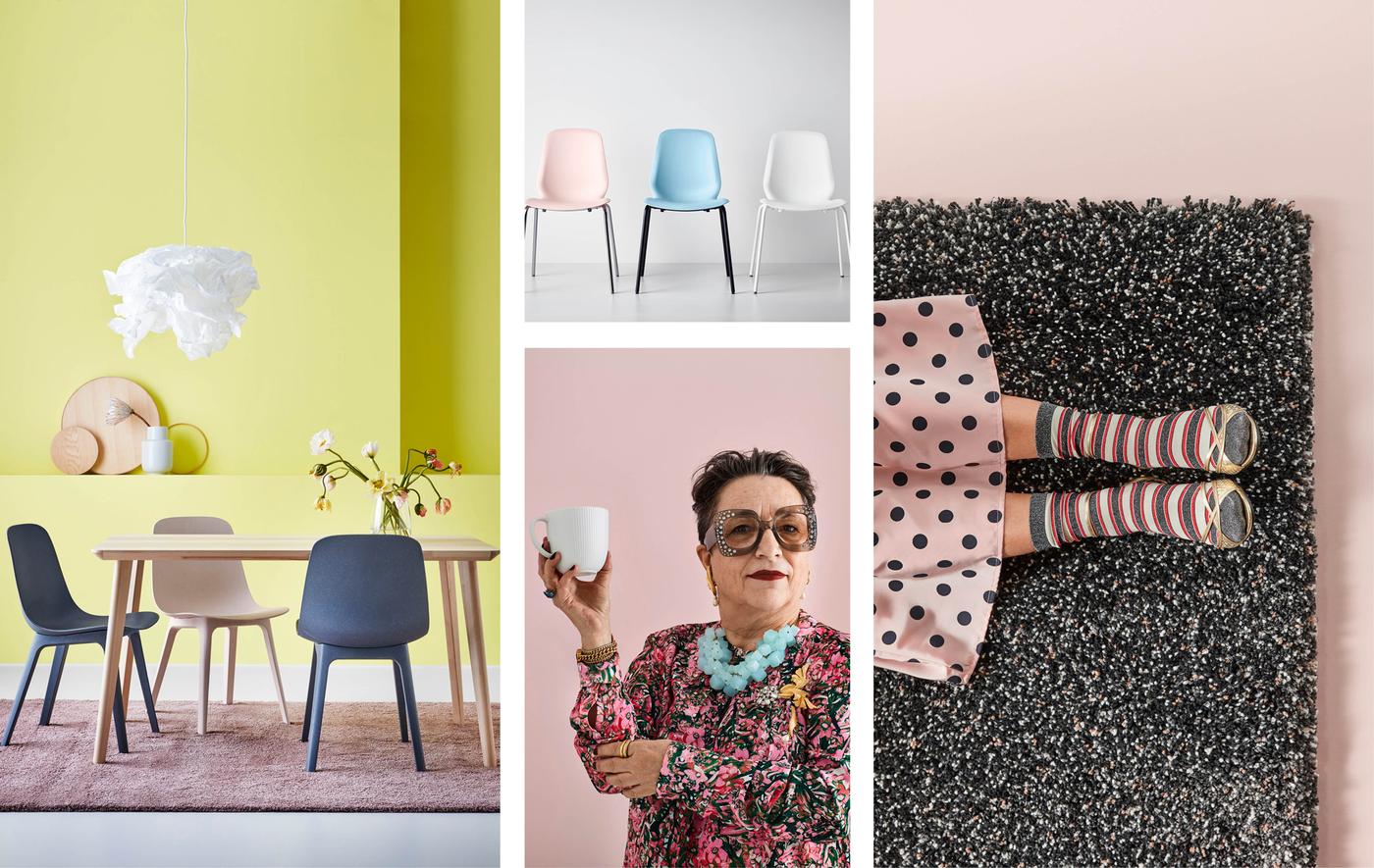 A collage of a dining room, chairs, a woman holding a cup and a rug, all in pastel and bright colours.