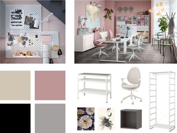 A collage of grouped, small images of pink-and-white interiors, pieces of furniture, and colour samples.