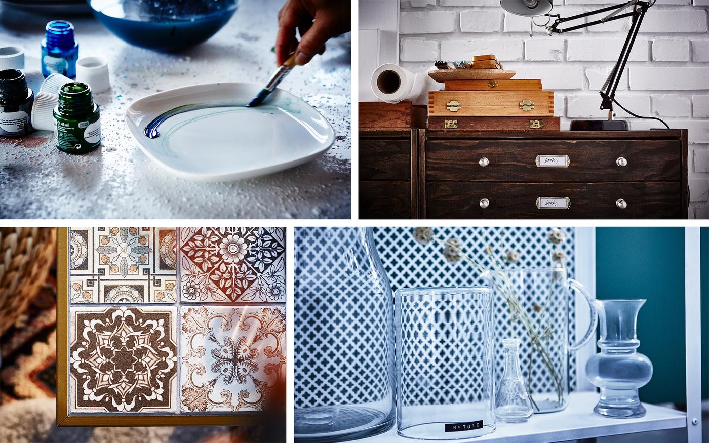 A collage of IKEA hacks: painted plates, a tiled LACK table, a faux-retro chest of drawers, and a painted metal shelf.
